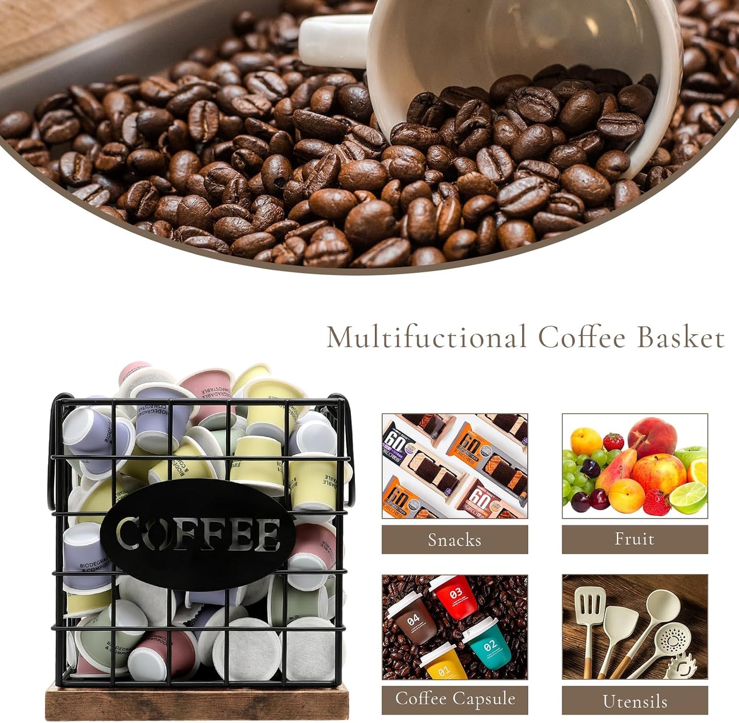 Coffee Pod Holder Organizer, Large Capacity K Cup Holder Organizer | Storage Basket for Kitchen Countertop Office Coffee Bar with Wooden Base & Handle Design (Rustic Brown-Square)