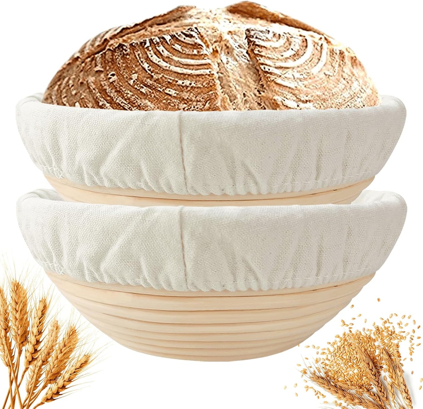 Rattan Banneton Bread Proofing Basket Set of 2, 9 Inch Round | For sourdough, boule and artisan loaves; supports dough during final proof for easier shaping and defined spiral lines