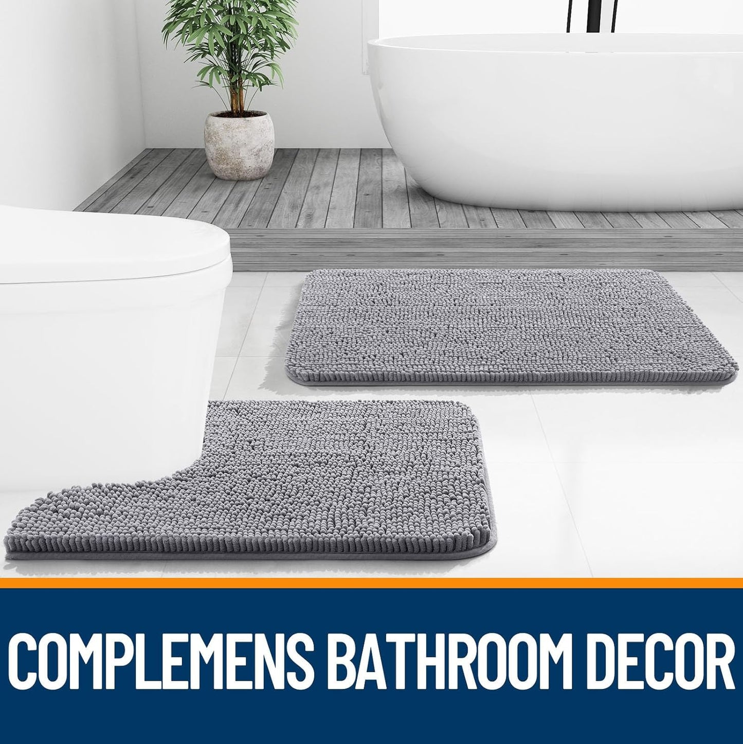 OLANLY Bathroom Rugs Sets 2 Piece, Soft Absorbent Chenille Bath Mats and U-Shaped Contour Toilet Mat Area Rug Set, Machine Washable Bath Carpet, Home Decor Accessories (30"x20"+24"x20", Grey)