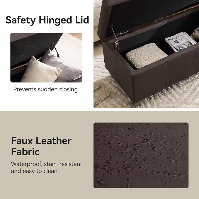 41" Faux Leather Storage Ottoman, Stitch Tufted Rectangle Upholstered End of - Image 4