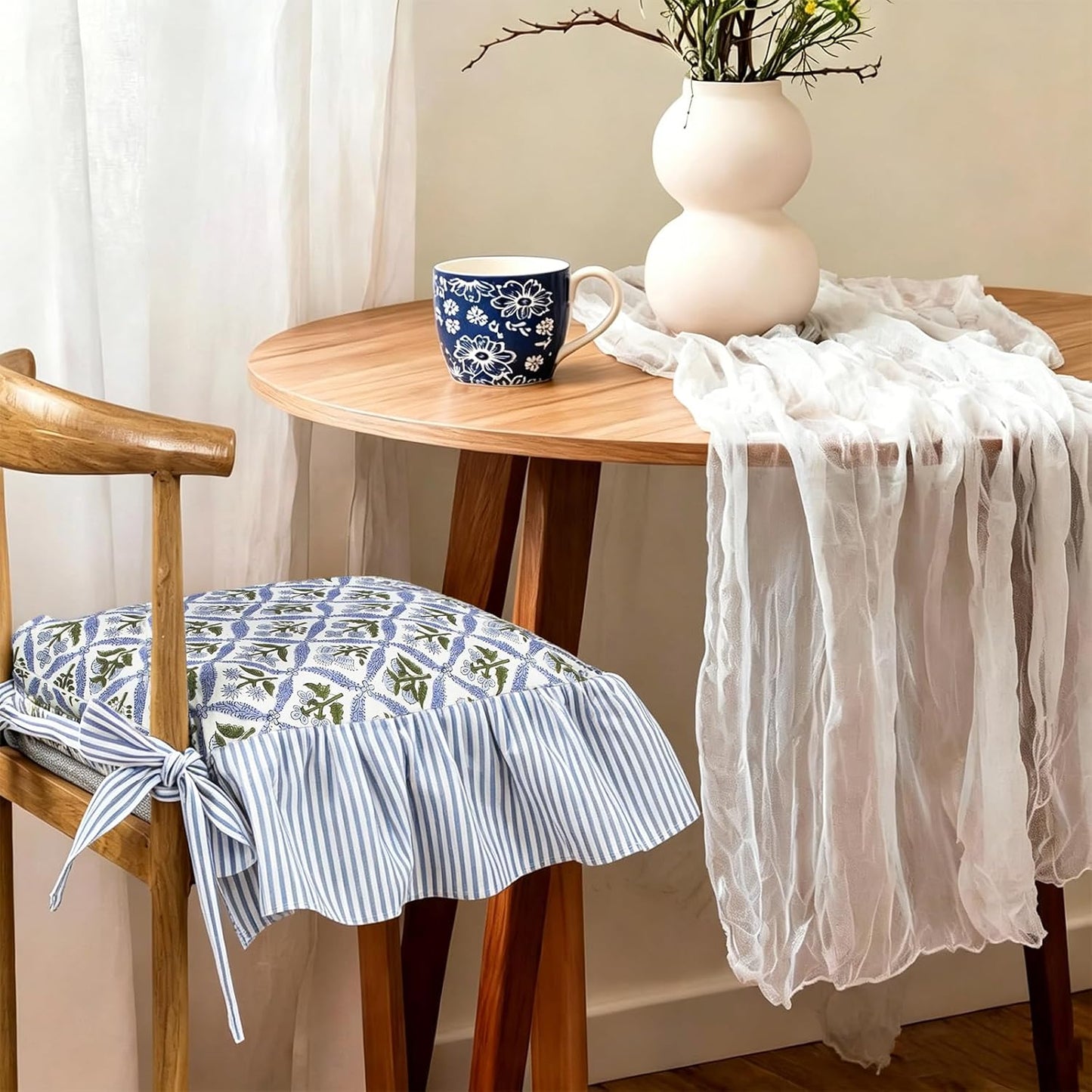 4 Pcs Ruffle Chair Cushion Covers Cotton Blend 17.5"x17.5", Floral Block Print Decoration Farmhouse French Style Seat Covers with Tie Backs for Kitchen Dining Chairs