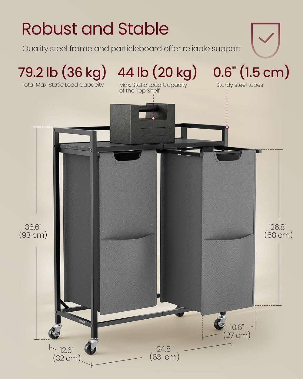 VASAGLE Laundry Sorter 2 Section, Rolling Cart with Shelf 29 Gal. (110 L)
