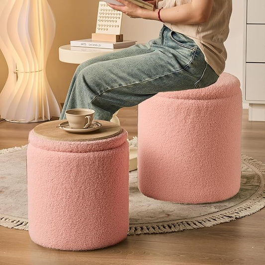 Round Ottoman with Storage Set of 2-Upholstered Sherpa Vanity Stool - Image 2