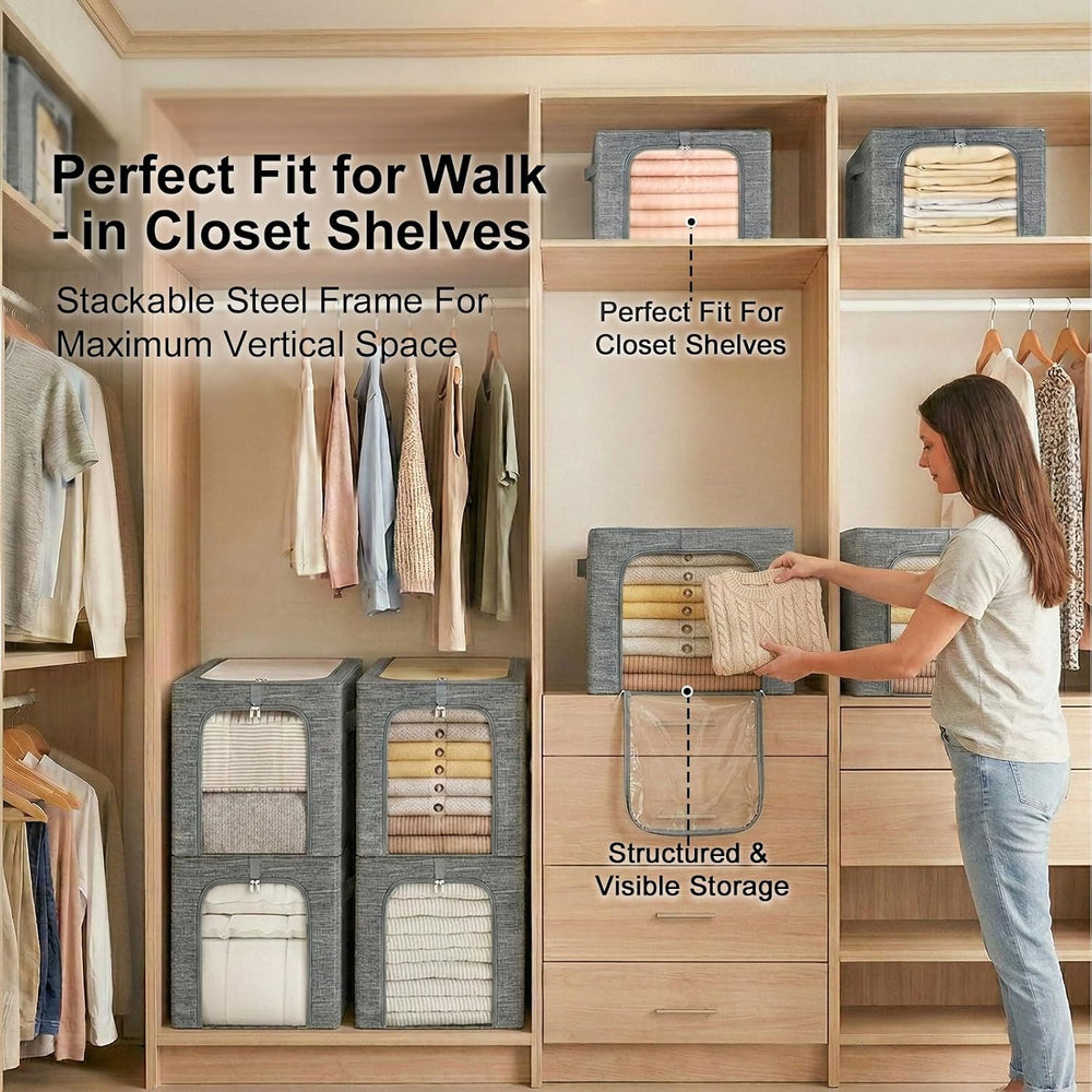 GoMaihe Blanket Storage Bins with Metal Frame for Closet, 55L 4-Pack Grey