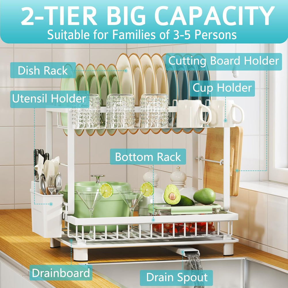 2-Tier Dish Drying Rack for Kitchen Counter, Space-Saving, White