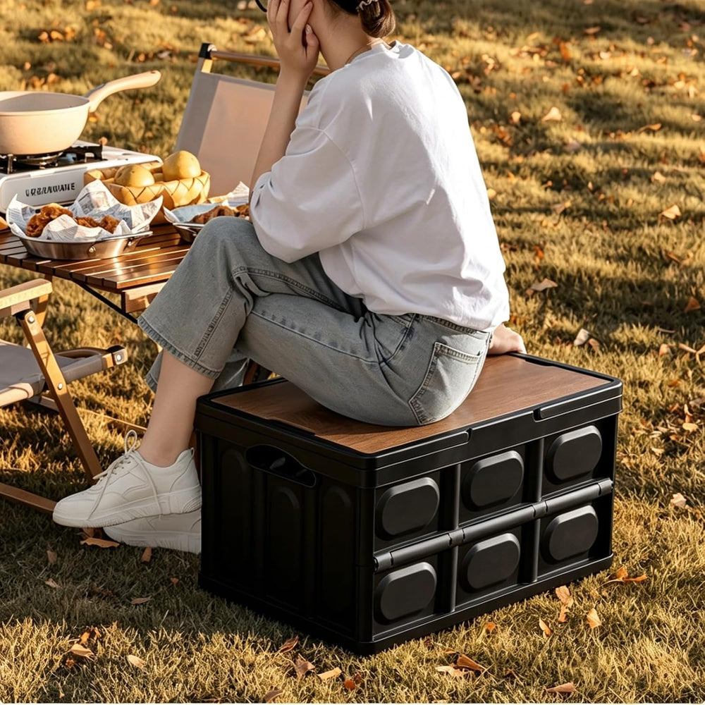 Collapsible Storage Bin with Wood Lid, Stackable Camping Storage Box for Car ...