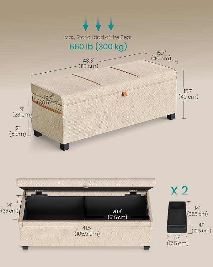 SONGMICS Storage Ottoman Bench, Storage Chest, 15.7 x 43.3 x 15.7 Inches