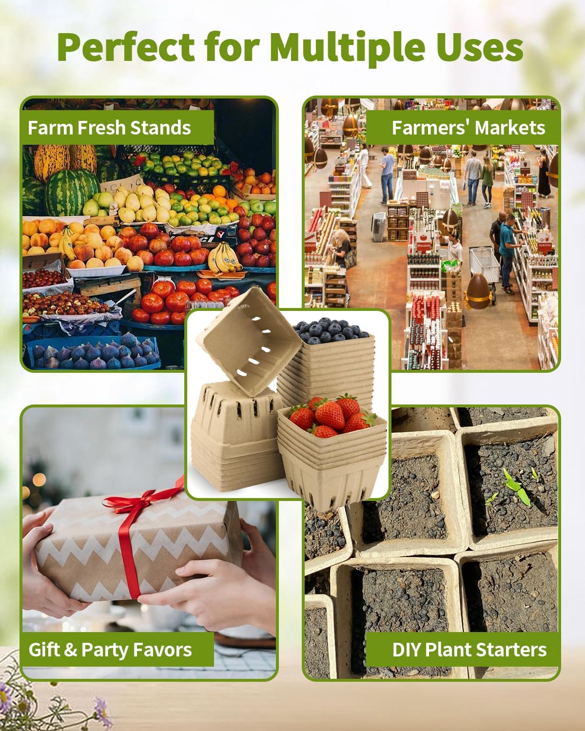30 Pack Natural Pulp Fiber Berry Basket (4.3x4.3x2.75 Inch), Natural Pulp Produce Baskets & Berry Containers, Vented Strawberry Baskets for Farmers Market Decor, Grocery Store and Kitchen Display