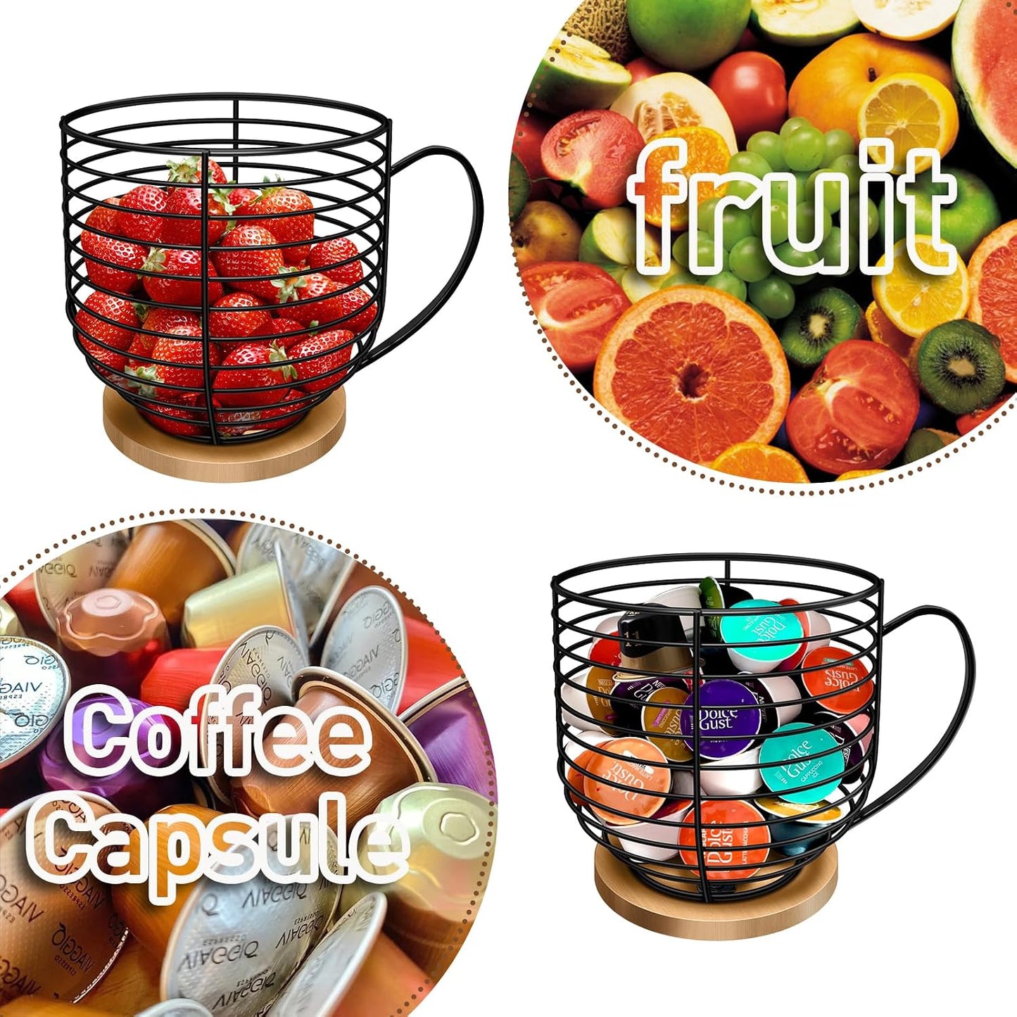 BYTEAIDREX Coffee Pod Holders for Counter - K Cup Holders for Counter - Coffee Pods Storage Organizer - Bar Accessories - Large Capacity Black Wire Kup Storage with Wooden Base.