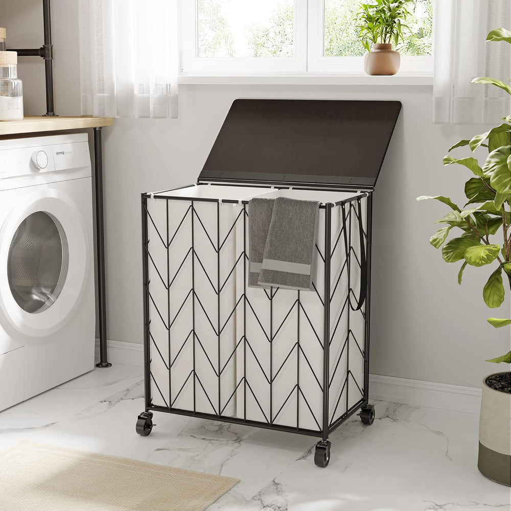 WOWLIVE Double Laundry Hamper with Lid, Rolling Laundry Basket with Wheels
