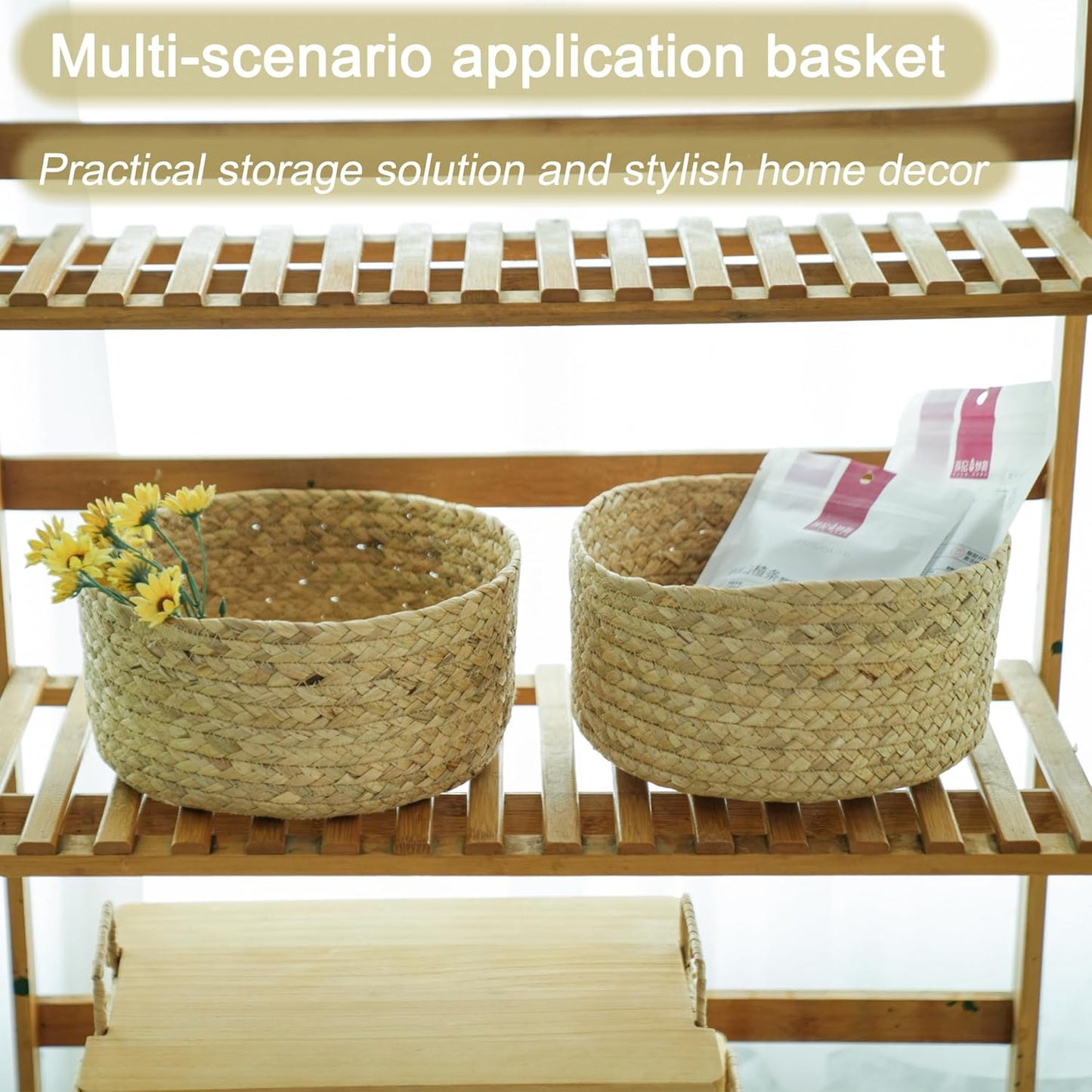 2-Pack Round Woven Hyacinth Storage Baskets, Small Handmade Natural Rattan Decorative Baskets for Kitchen, Living Room & Home Organization (Small-2PCS)
