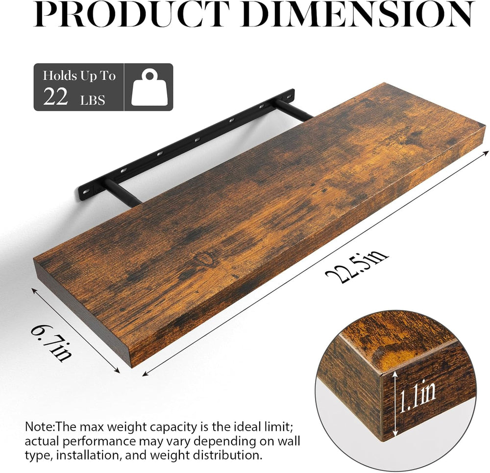 BAYKA Rustic Brown Floating Shelves 22.5in, 3 Pack, Wall Mount Wood Shelf