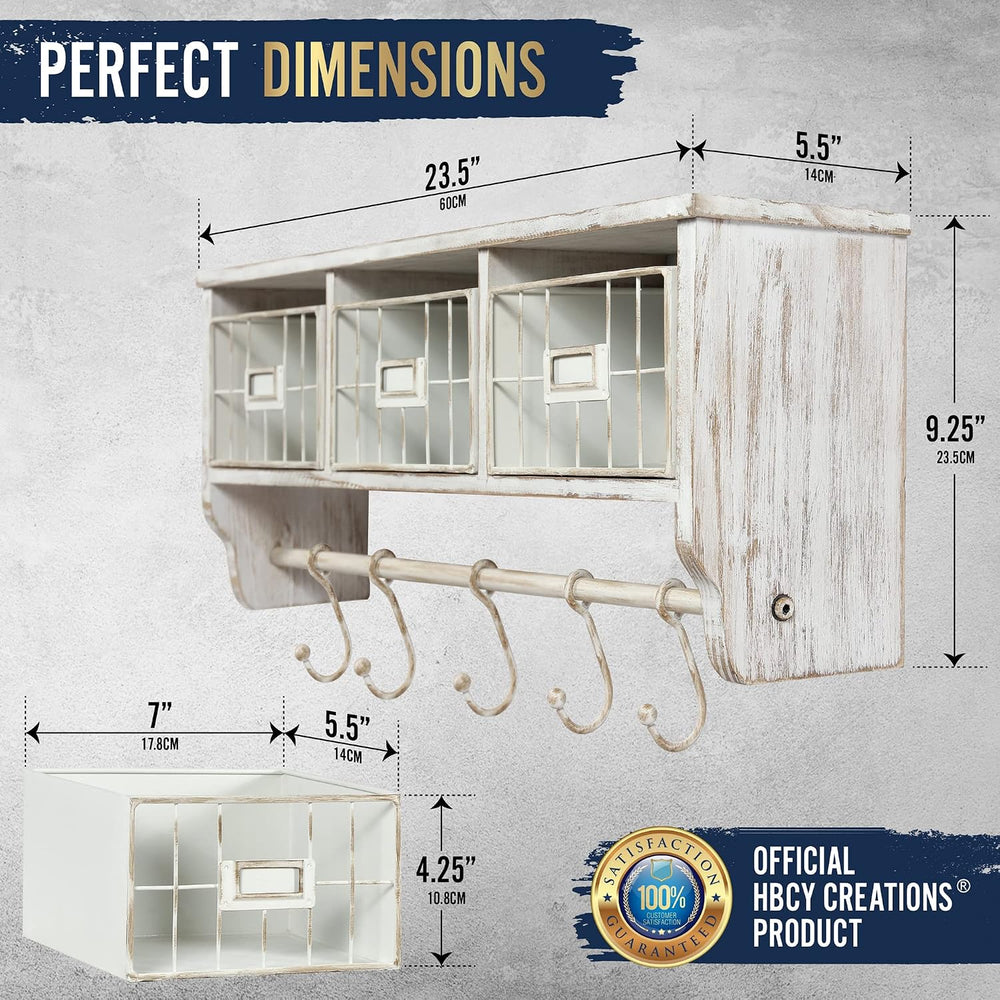 HBCY Creations Wall Mounted Shelf with Coat Hooks and Baskets, Solid Wood Ent...