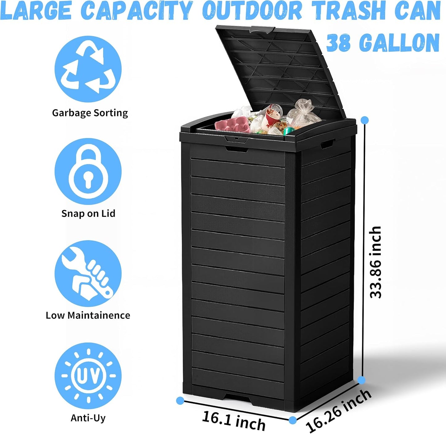 38 Gallon Outdoor Trash Can with Lid, Dual Lid Closure Outdoor Trash Can, Waterproof Resin Garbage Can with Pull-Out Liquid Drawer for Kitchen, Backyard Deck, Patio(Deep Black)