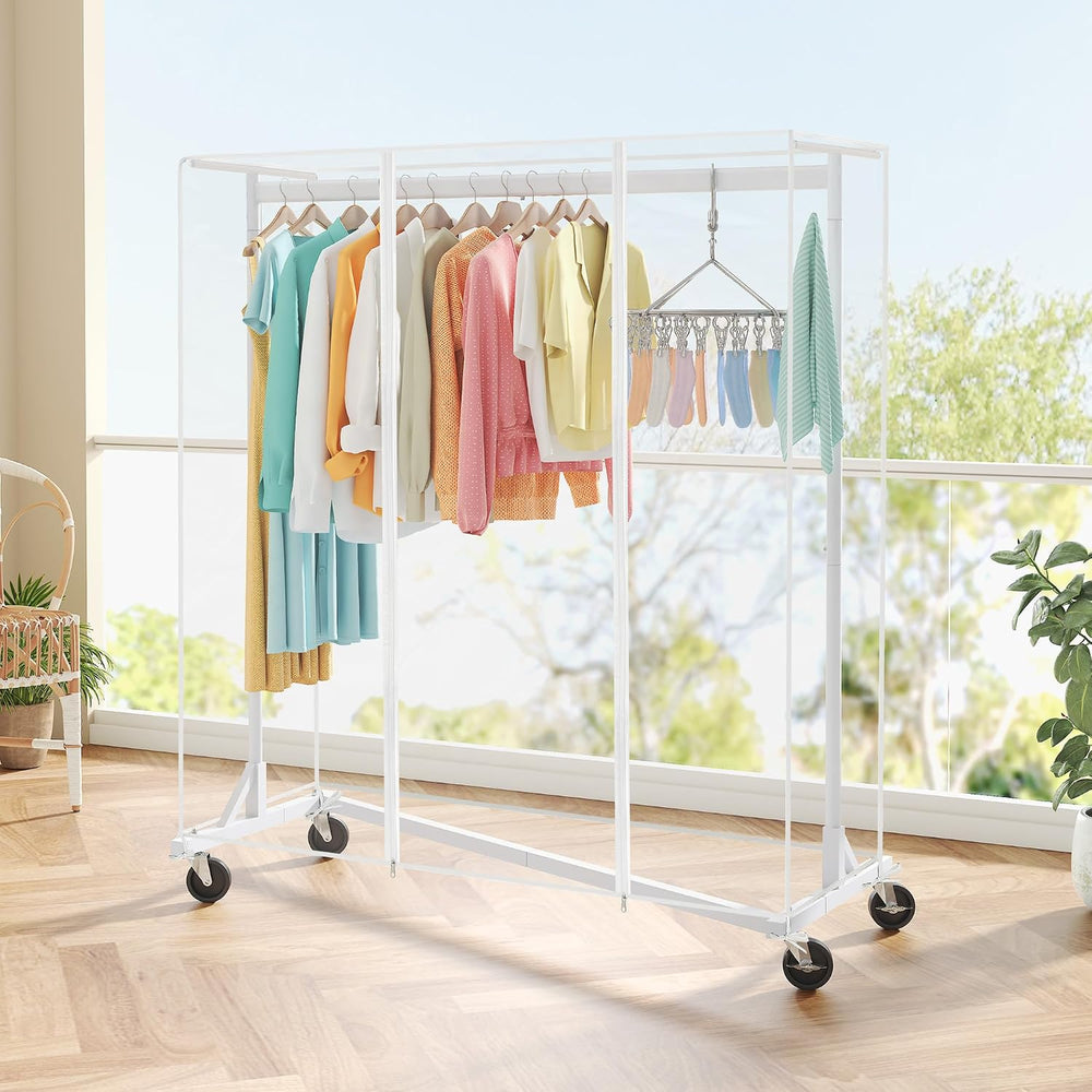 Hoctieon Z Clothes Rack with Cover, Metal Heavy Duty Clothing Rack, Rolling G...