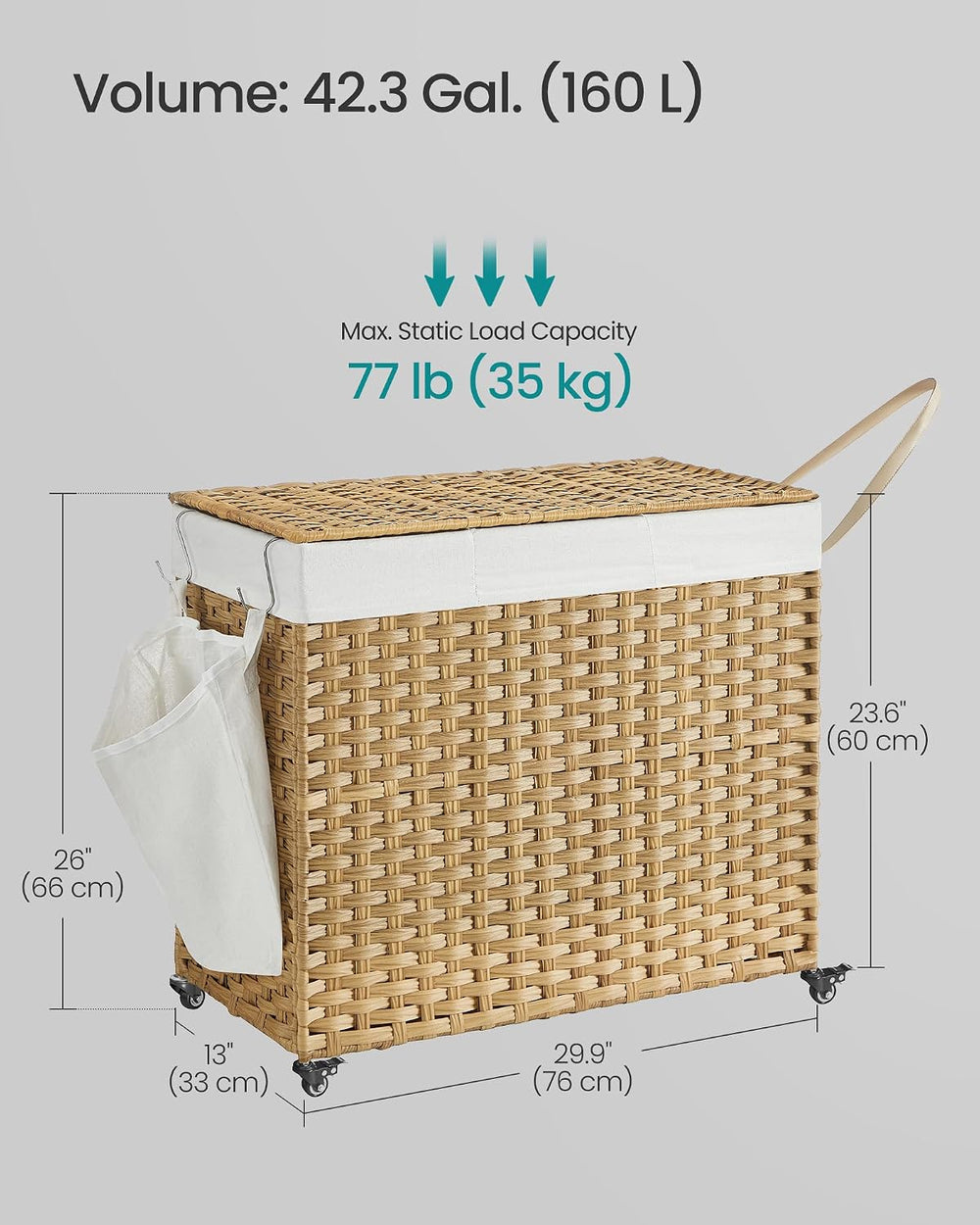 SONGMICS Rolling Laundry Hamper with Lid, 160 L 3-Section Synthetic Rattan