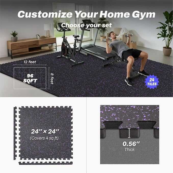 AIRHOP 0.56in Thick 96 Sq Ft Exercise Equipment Mats, 24 Tiles Upgraded Rubber - Image 4