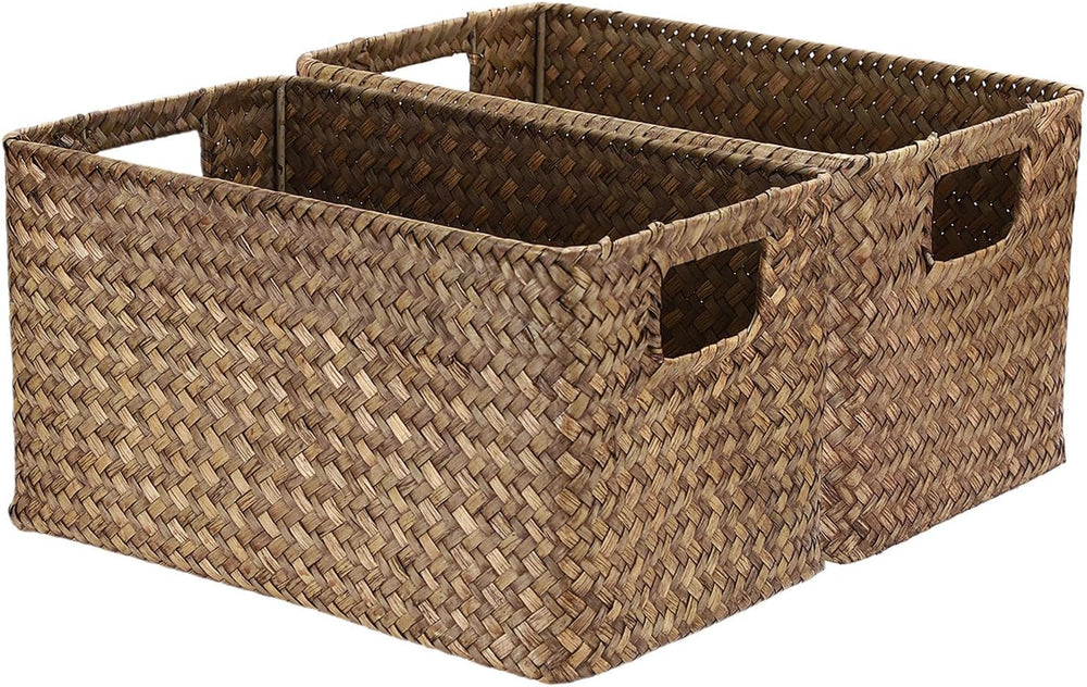 Hipiwe 2 Pack Natural Seagrass Basket with Handles Decorative Wicker Basket B...