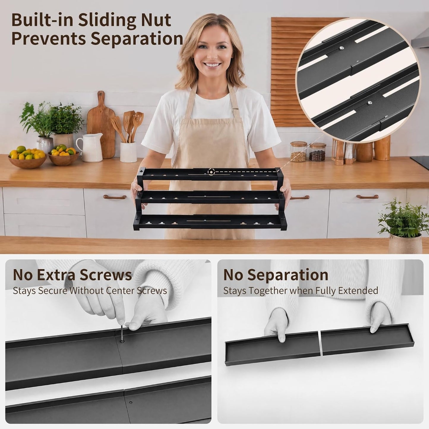 Expandable Spice Rack Organizer for Cabinet, 3-Tier Metal Spice Shelf | Expandable 16"-29", Anti-Separation Sliding Design, Organizes Jars, Bottles & Seasonings, Easy Assembly