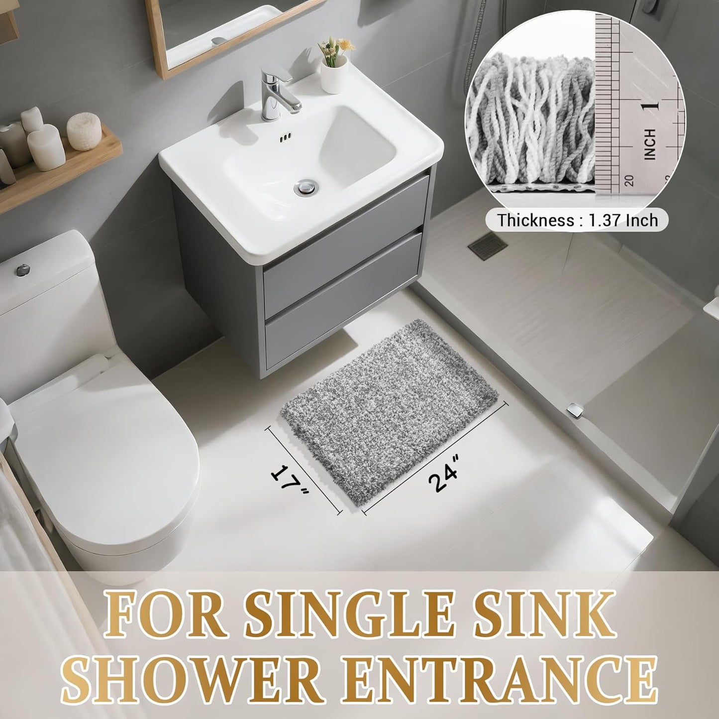 Yimobra Bathroom Rugs Non Slip Washable, Ultra Soft and Water Absorbent Bath Mats, Fluffy Shower Mat Outside, Plush Matts for Bathroom Floor/Sink, 24X17, Home Decor Accessories, Light Gray and White