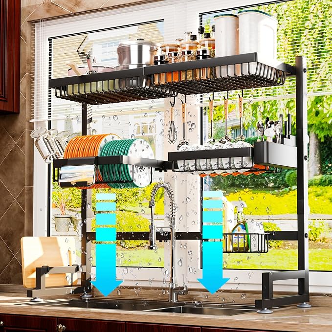 3-Tier Over Sink Dish Draining Rack, Adjustable Width and Height, - Image 7