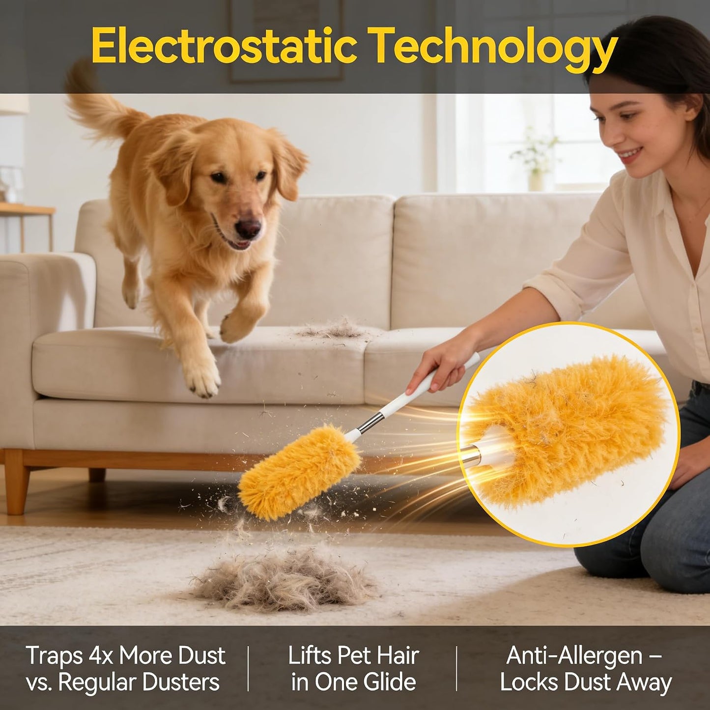 Extendable Duster 31.5 Inch Telescoping Pole with Reusable Washable Non-Woven Double-Sided Cleaning Head Orange for Ceiling Fans Blinds Vents High Ceilings Hard to Reach Places