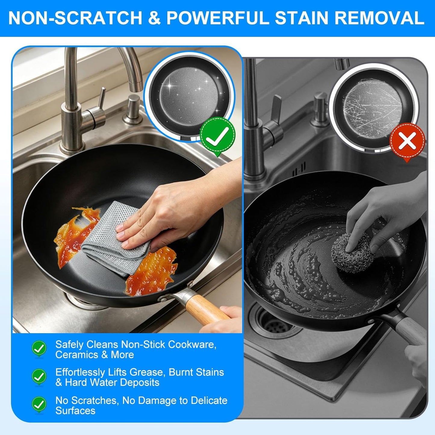 Non Scratch Wire Dishcloth, Metallic Fiber Cleaning Cloths - 9+1 Pcs Deep Clean Multi-Style Pack, for Dishes, Sinks & Pans (7.87x7.87 Inches)