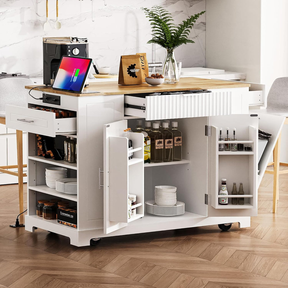 Fluted Rolling Kitchen Island Cart on 5 Wheels with Trash Can Storage Cabinet...