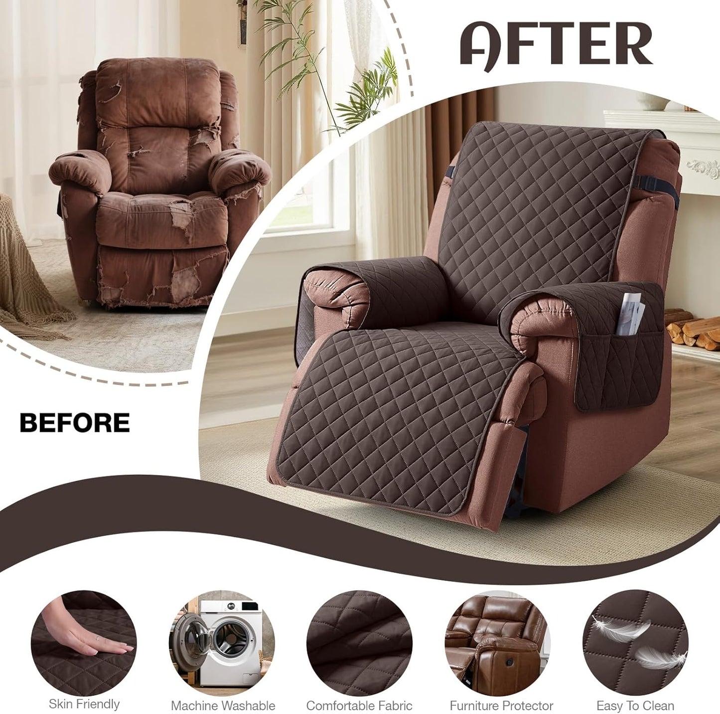 KinCam 100% Waterproof Recliner Chair Cover, Reclining Couch Covers for Pets, Dogs, Recliner Couch Slipcover Furniture Protector with Elastic Straps for Kids(23.6", Chocolate)