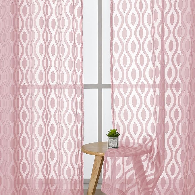 Aiyufeng Pink Curtains Kitchen 14 Inch Length, Clip Jacquard Chic Wavy Line - Image 3
