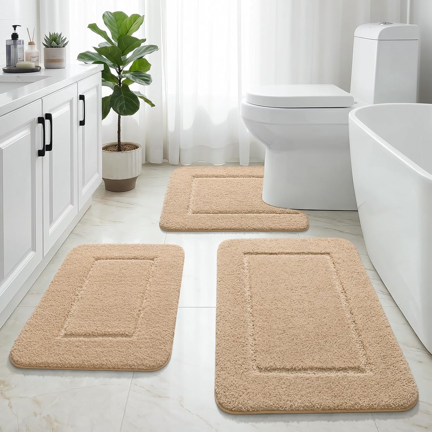 LOCHAS Bathroom Rug Set, Bath Rugs Sets 3 Piece Non Slip Backing, Washable Absorbent Microfiber Bath Mat Set, Soft Cozy Bathroom Mat for Shower Sink Toilet, Beige