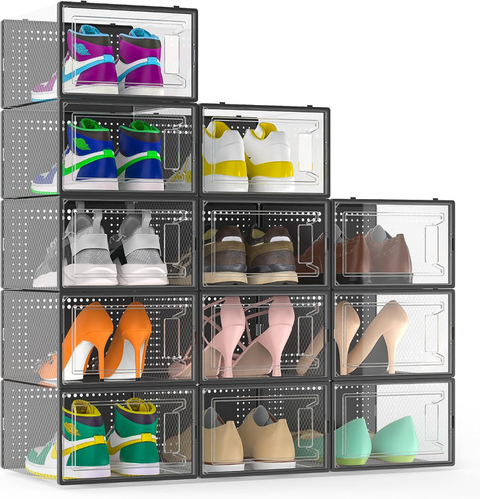 Secret Space 12 Pack Large Shoe Organizer Storage Boxes for Closet, Modular Space Saving Shoe Boxes Clear Plastic Stackable Sneaker Containers Display Case with Lids, Black 13.1/inchX10/inchX6/inch