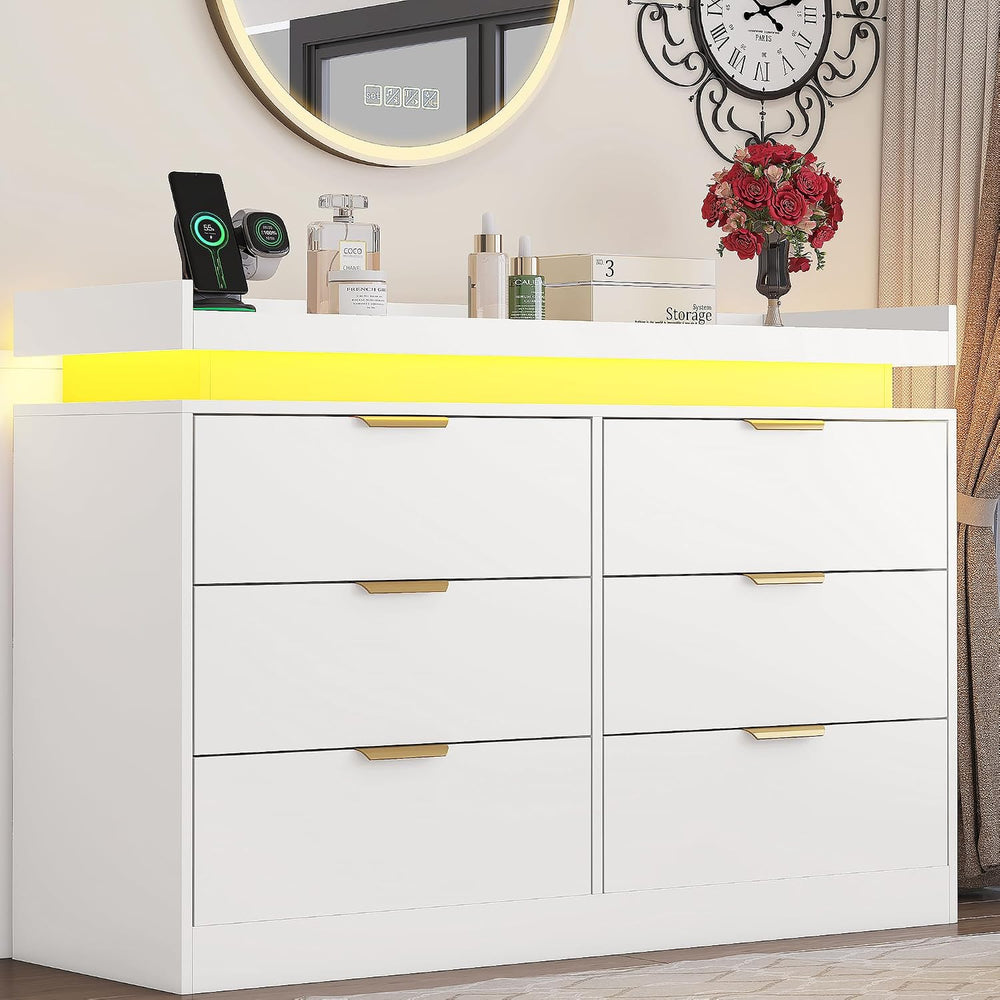 UNIQUITE 6 Drawer Dresser for Bedroom, White Dresser with LED Lights and Powe...