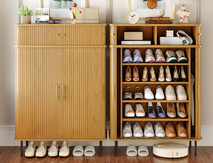 DreamDashio 5-Tier Shoe Cabinet with Sliding Tambour Door, Set of 2, Natura