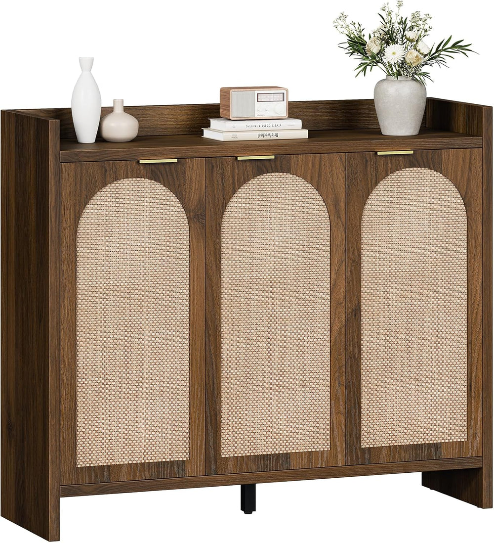 Rattan Shoe Storage Cabinet, Wooden Shoe Rack Organizer Cabinet with 3 Doors ...