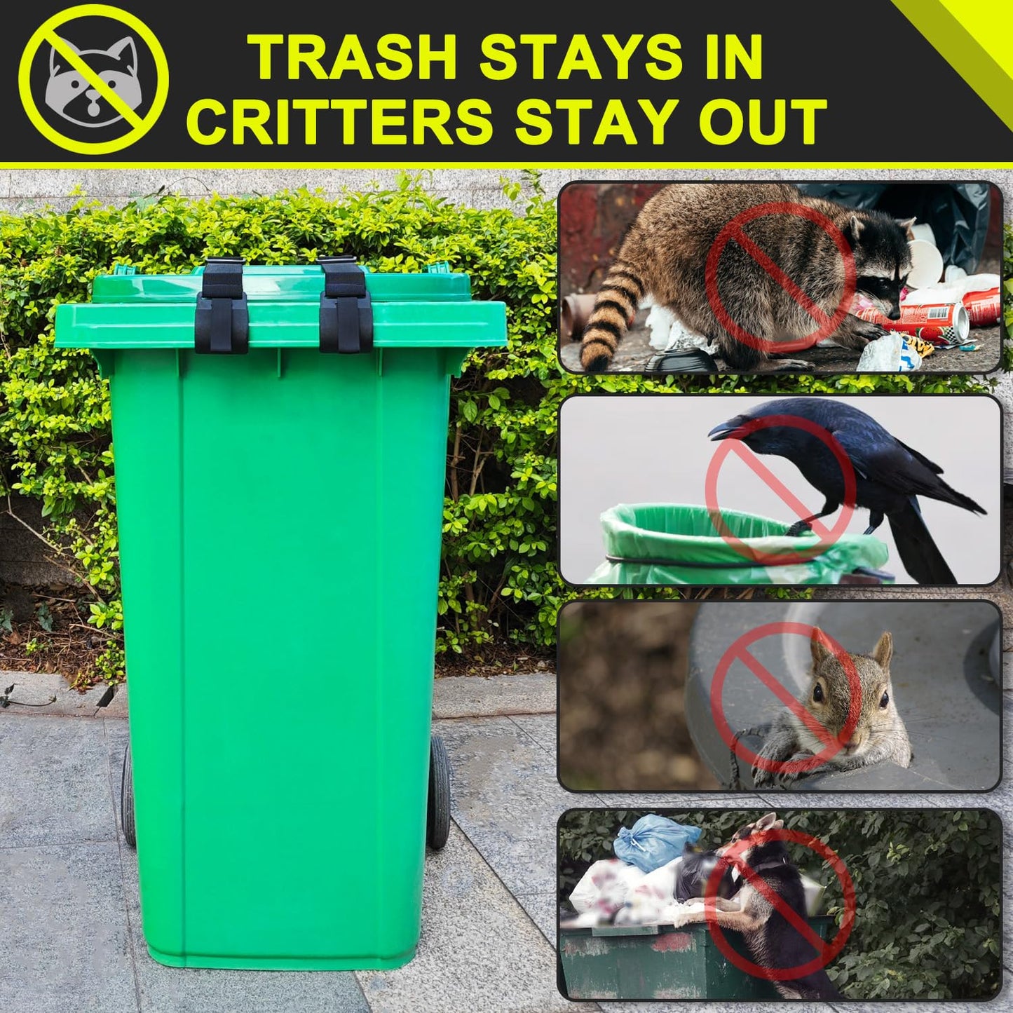 GripHandle Metal Double-Claw Trash Can Lid Lock Strap for Animals,Bungee Cord with Hooks for Trash Bin Garbage Pail,Outdoor Outside Trash Lid Holder to Keep Raccoons Out,Fits 20-96 Gallon Cans - 2Pcs