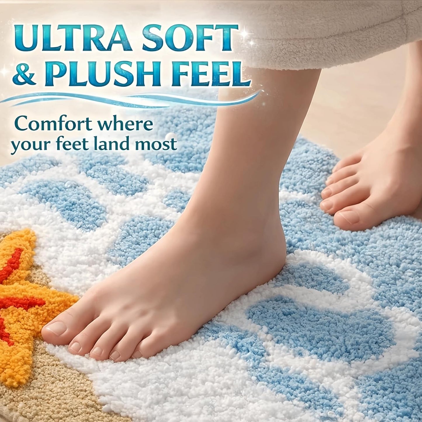 U-Shaped Beach Bathroom Rugs, Soft Plush Toilet Rugs Washable with Non Slip TPR Backing, Coastal Ocean Starfish Design, Blue, 24"x20"