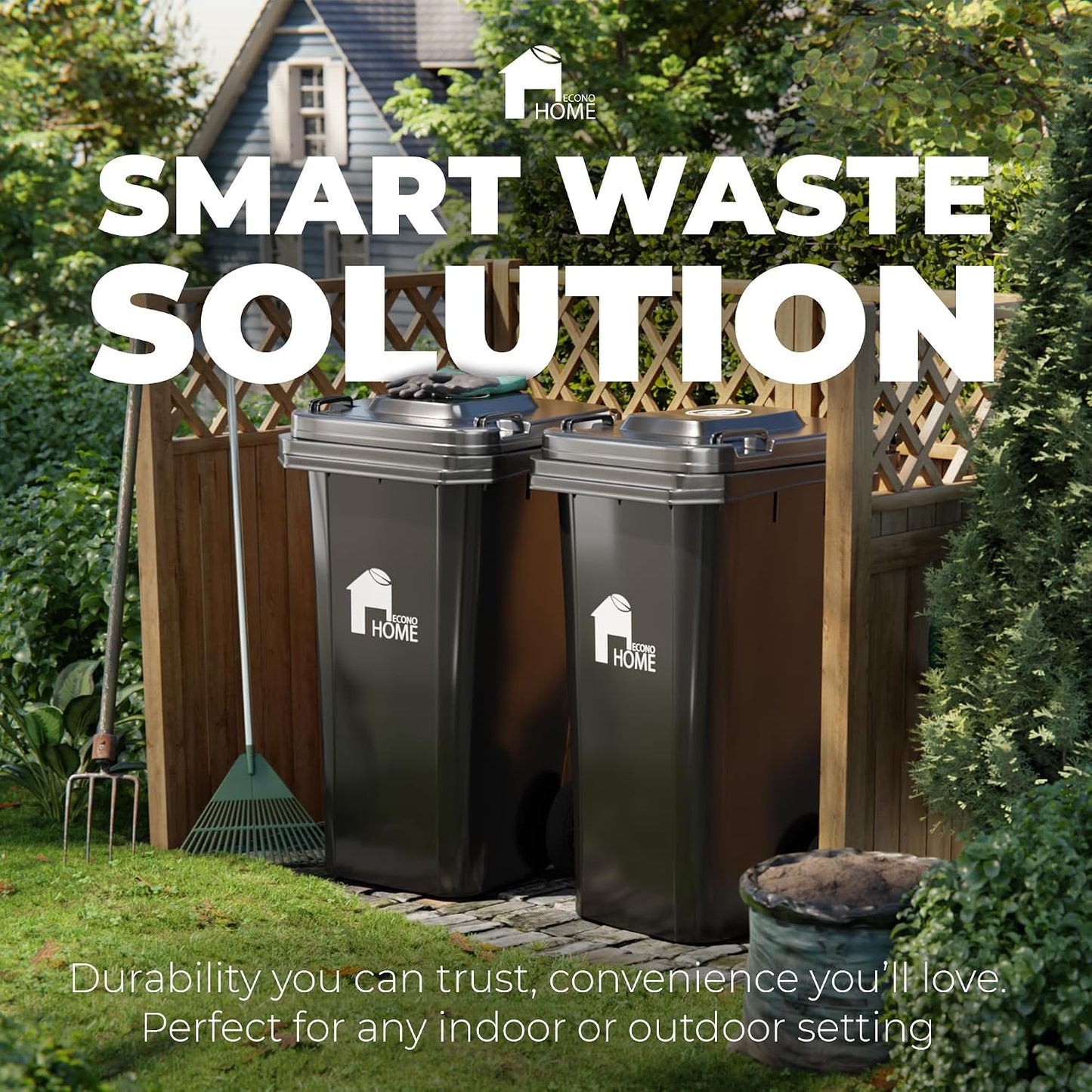 EconoHome Outdoor Garbage Can with Lid - 32 Gallon Trash Can for Backyard, Deck, Garage - Dual Wheels, Extra Heavy-Duty, Durable Handle - Versatile Home & Commercial Storage Container - Black, 1-Pack