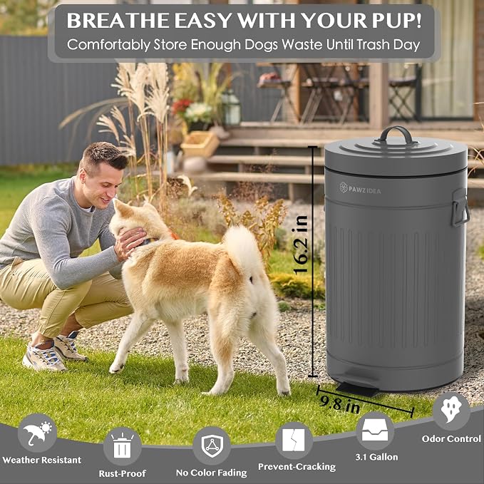 PAWZIDEA Dog Poop Trash Can Outside Odor Control, 3.1Gallon Large Pet Poop Can - Image 4