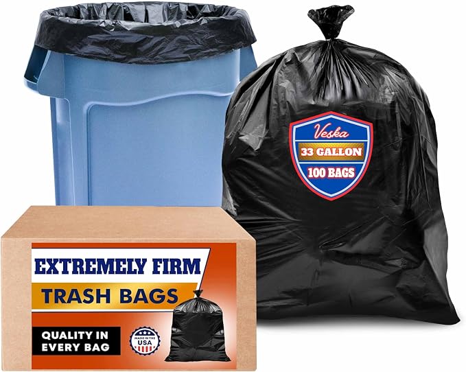 Veska 33 Gallon Trash Bags, Large Black Garbage Bags 30 Gallon, 32 Gallon by Veska