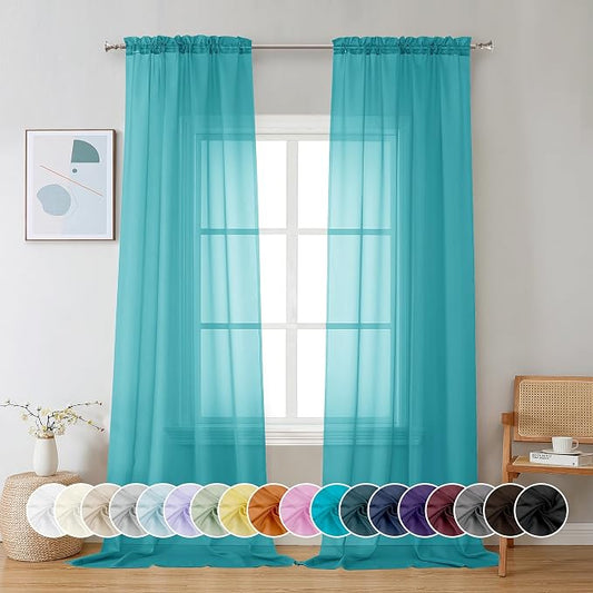 Chyhomenyc Turquoise Sheer Curtains 96 inches Long 2 Panels, Light Filtering by Chyhomenyc
