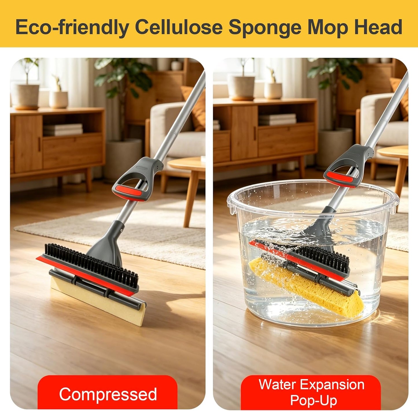 Sponge Mop for Floor Cleaning, Home Commercial Pop-up Cellulose Sponge Roller Mop with 2 Refill Heads, Includes Squeegee and Brush for Hardwood Tile Concrete Bathroom Kitchen Wall Ceiling