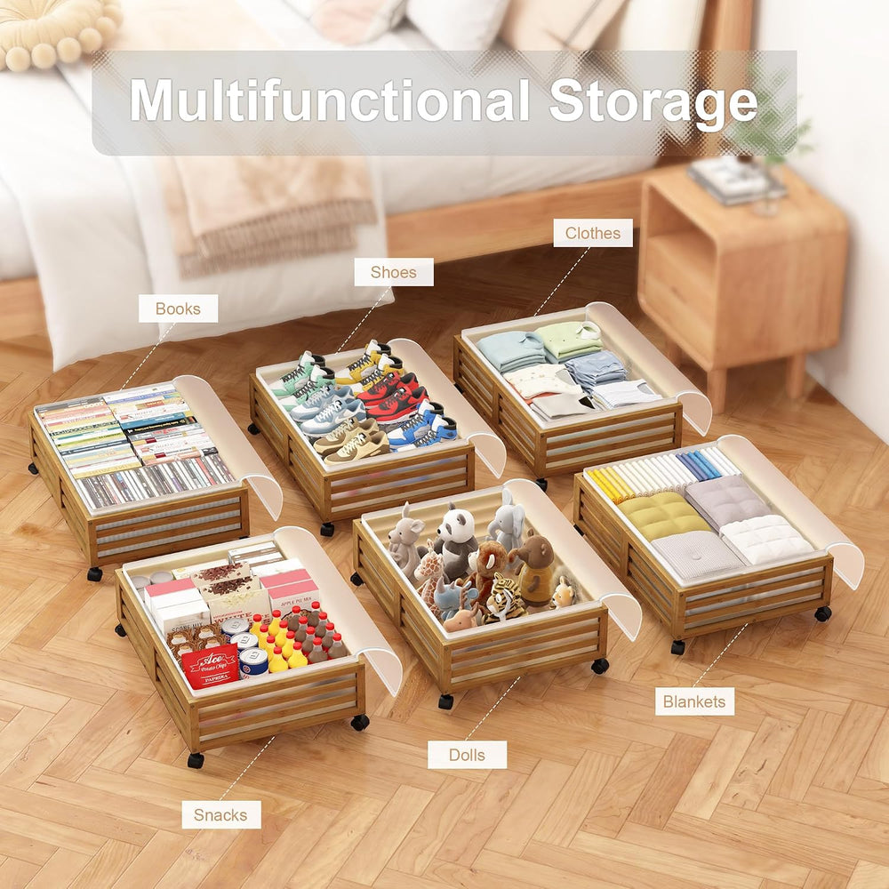 Under Bed Storage with Wheels, 2 Pack Bamboo Drawers for Shoes and Clothes
