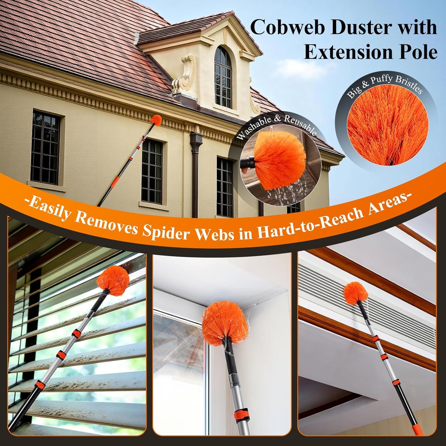 20ft High Ceiling Duster Kit with 4-12ft Heavy-Duty Extension Pole, Washable Cobweb Duster, Ceiling Fan Duster, Window Squeegee & Cleaner, Microfiber Duster for Home High Reach Cleaning