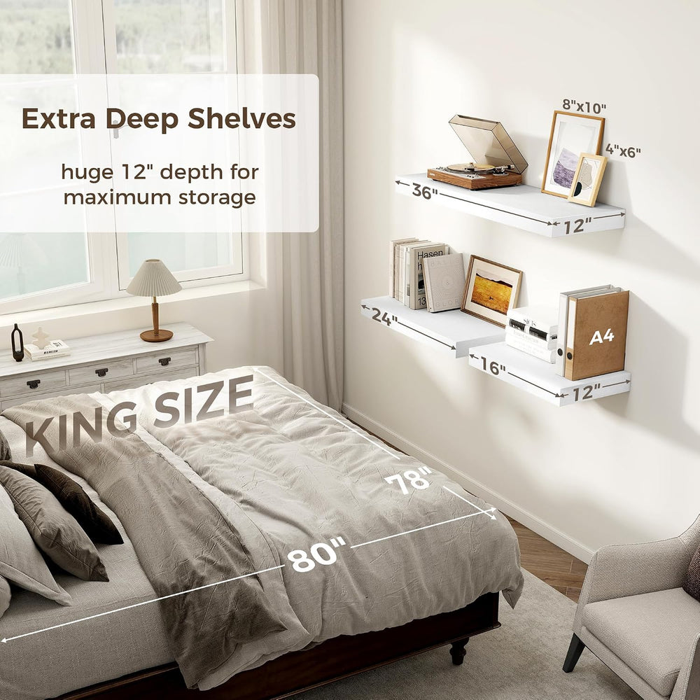 12 Inch Deep White Floating Shelves, 24 x 12 Floating Shelf for Books, Rustic...