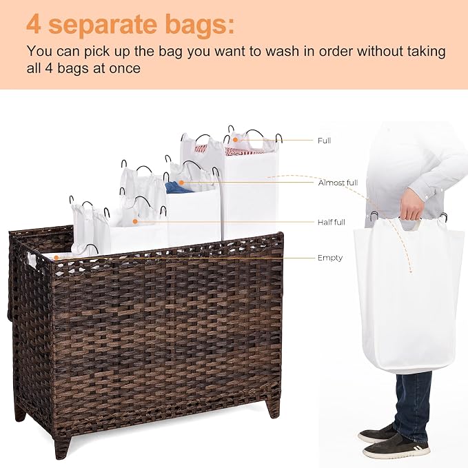 Laundry Hamper with 4 Removable Liner Bags; 176L Handwoven Rattan Laundry - Image 3
