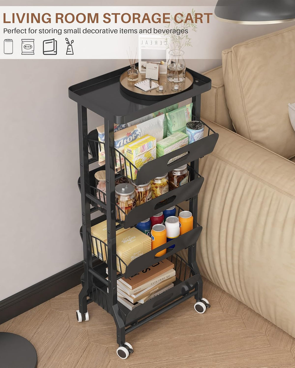 5-Tier Kitchen Storage Rolling Cart with 4 Drawers & Wheels,Black