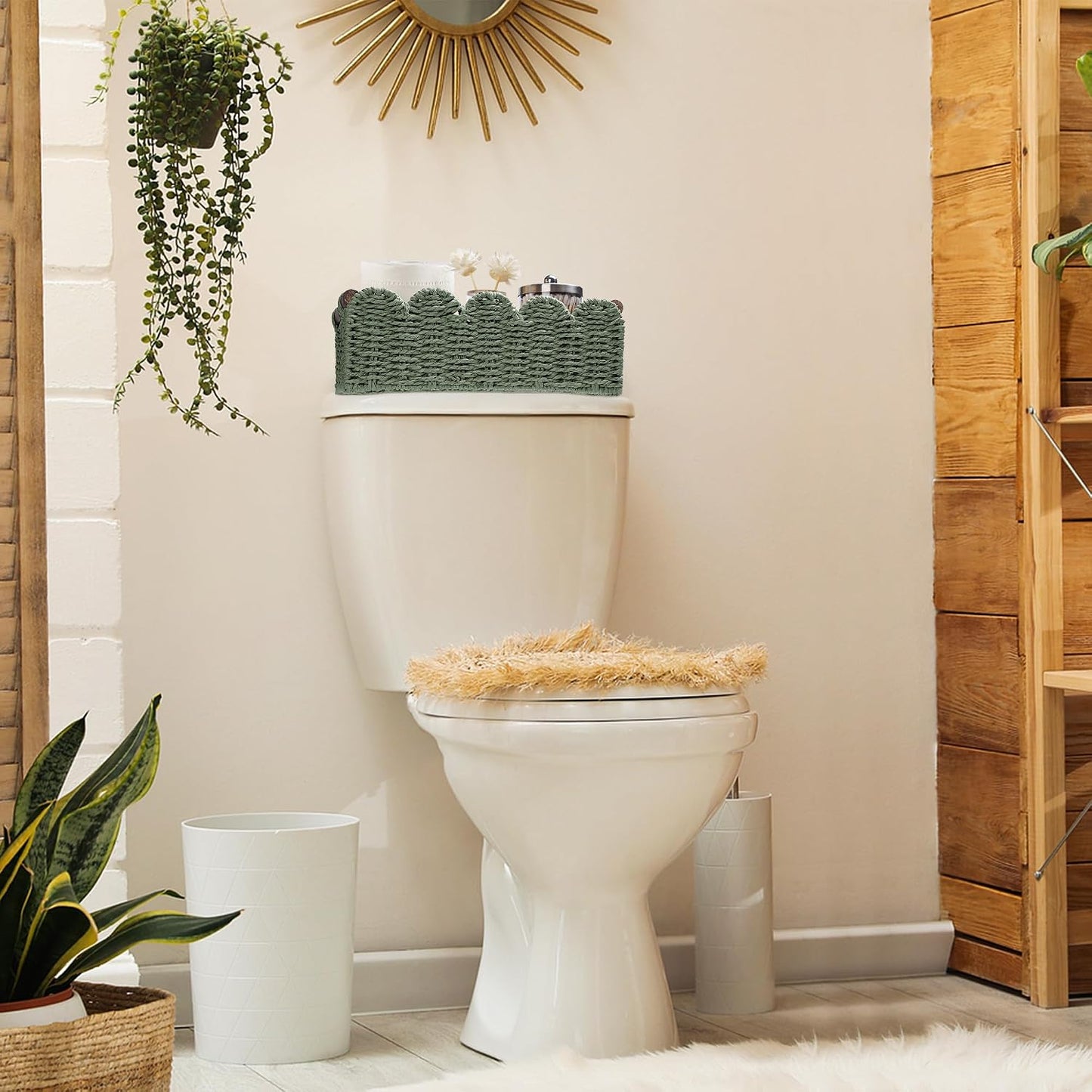Wicker Baskets for Organizing Toilet Paper Storage Basket | with handle for Bathroom Bedroom Home Farmhouse Decor,Set of 2,Green