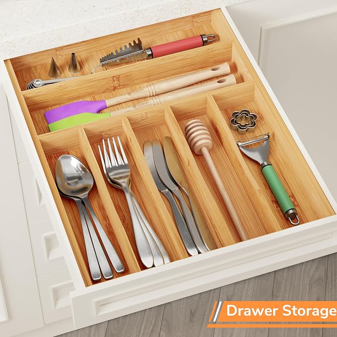 BAMEOS Bamboo Silverware Drawer Organizers, 11.9 inch Utensil Drawer Organizer - Image 4