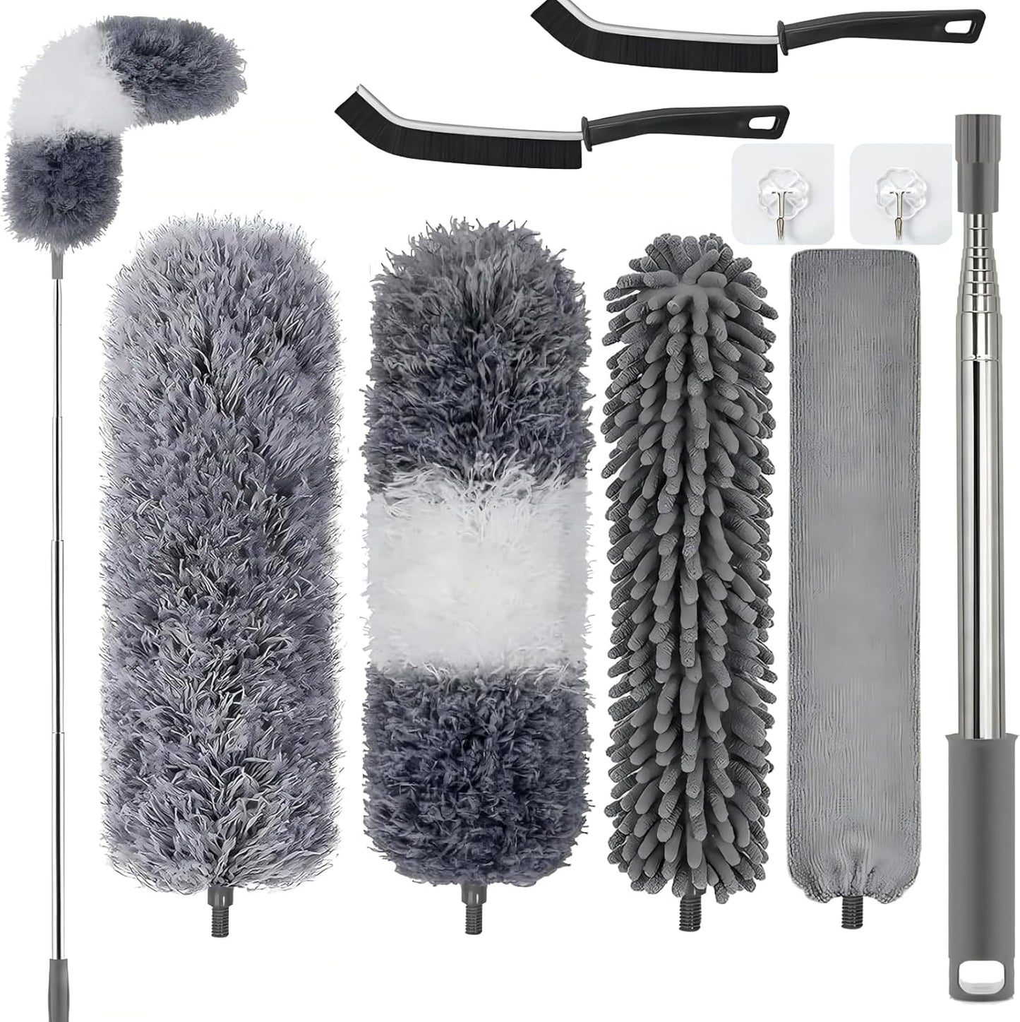 Duster with Extension Pole, Washable Cleaning Duster Kit with DusterHeads, Cobweb Duster, Corner Brush, Telescoping Pole for Ceiling Fan (9)